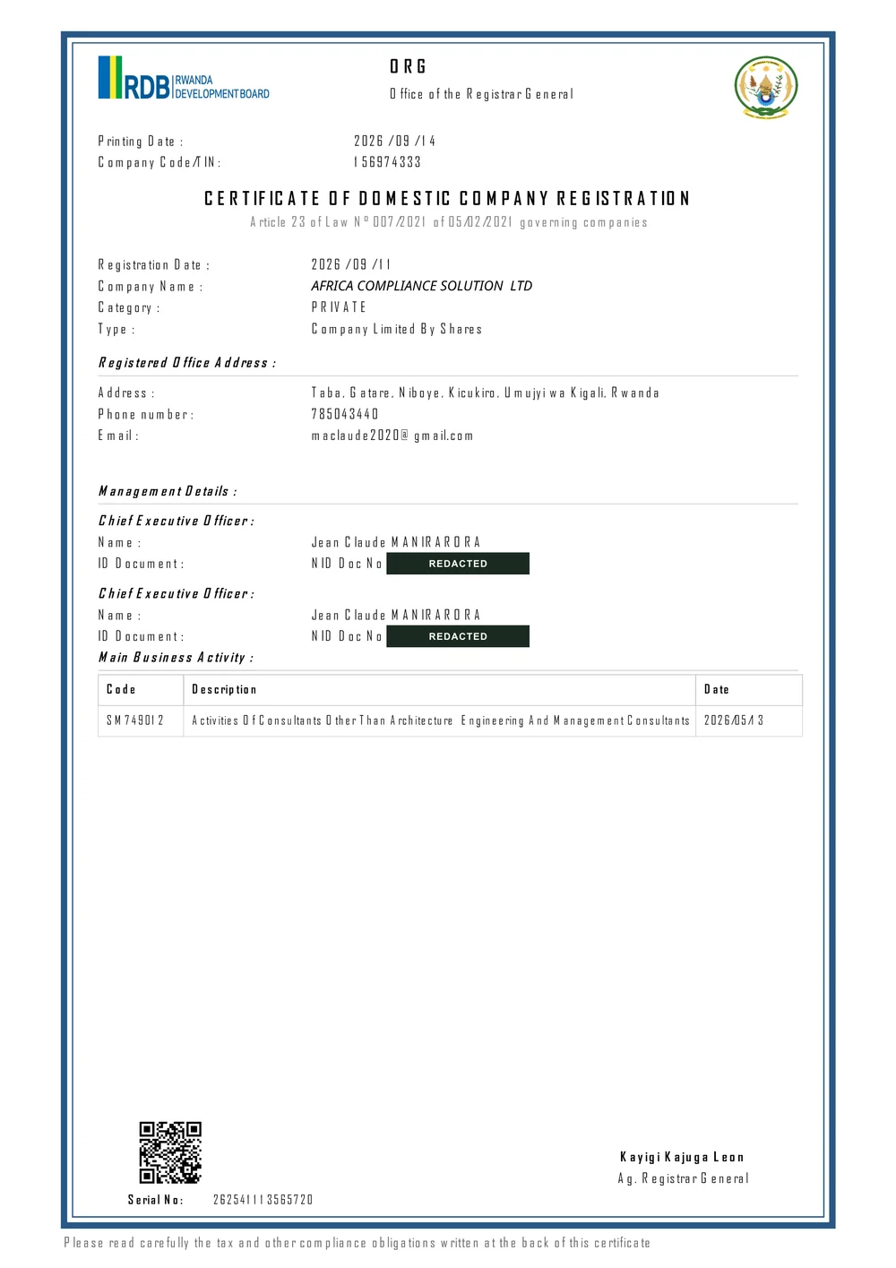 Certificate of domestic company registration for Africa Compliance Solution Ltd